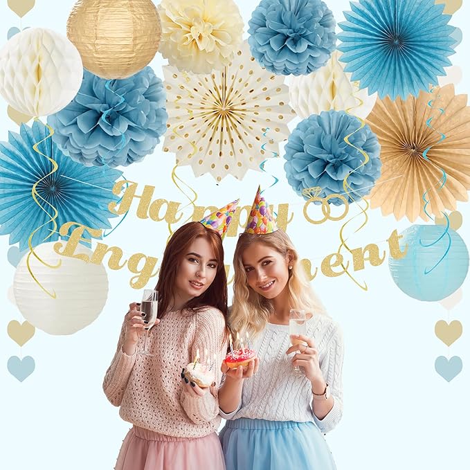 Holkcog Happy Engagement Party Decorations Kit, Glitter Engagement Party Banner for Congratulations, Blue Gold Engaged Wedding Shower Paper Fan, Paper Flower Ball, Heart Banner, Hanging Swirls, Supply