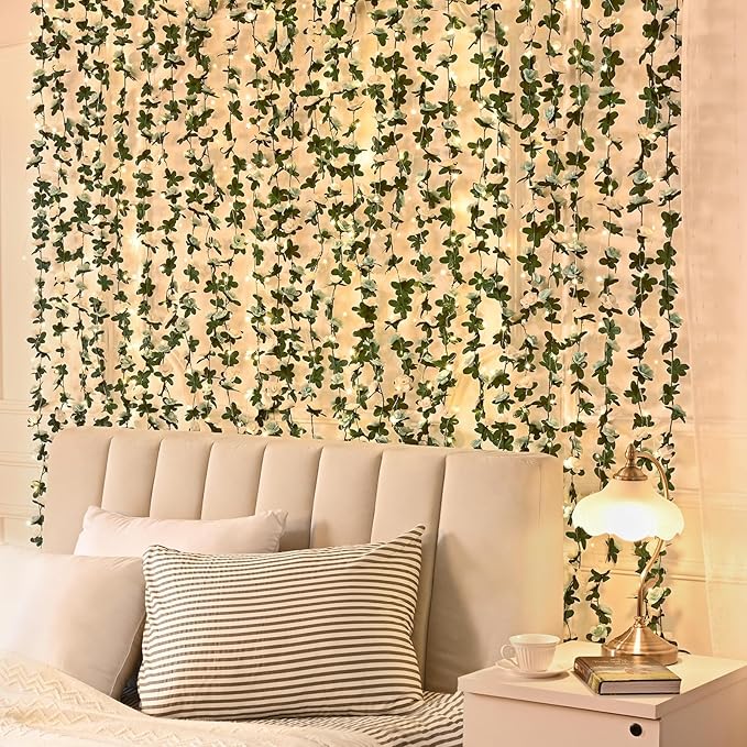 MARTINE MALL Flower Garland Rose Vines, 5 Strands 41Ft Flowers Vines for Bedroom with 33 Ft/100 LED String Lights, Rose Flower Garland Decoration, Rose Floral Garland for Room Table Wedding Decor