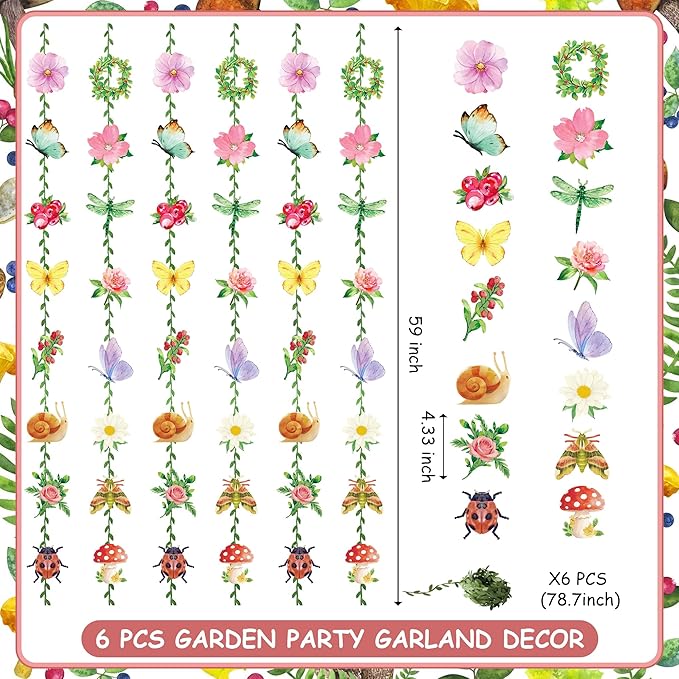 Garden Party Decorations Garland, Ready to Hang Wildflower Party Decorations with Double Sided Flowers Butterflies and Green Vines for Fairy Forest Baby Shower Birthday Tea Party