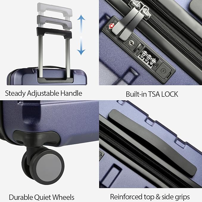 KROSER Hardside Expandable Carry On Luggage with Spinner Wheels & Built-in TSA Lock, Durable Suitcase Rolling Luggage with USB Port, Carry-On 20-Inch, Navy