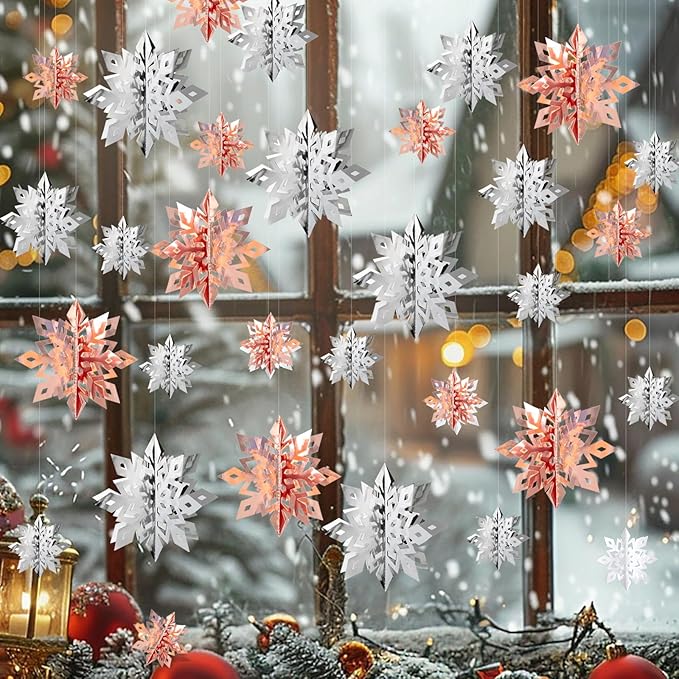 OuMuaMua Winter Christmas Snowflake Decorations Indoor, 36PCS 3D Silver Rose Gold Snowflakes Christmas Hanging Ornaments for Home Xmas Christmas Holiday Winter Wonderland New Year Party Decor Supplies