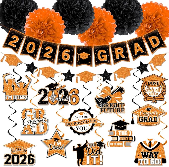 Orange and Black Graduation Decorations, 2026 Grad Banner and Congrats Grad Hanging Swirls, Orange Graduation Banner Graduations Hanging Swirls College Graduations Party Decorations Class of 2026