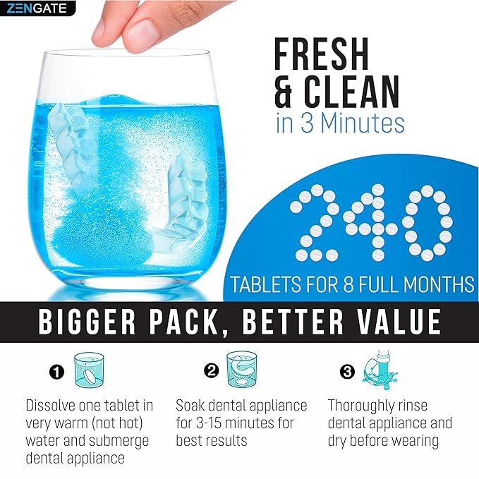 Retainer Cleaner Tablets - Quick Clean for Dentures, Mouth Guards, Aligners, Night Guards - Dental Cleansing Tablets - FSA HSA Approved Items - 2 Packs (240 Tablets Total) - 8 Months Supply