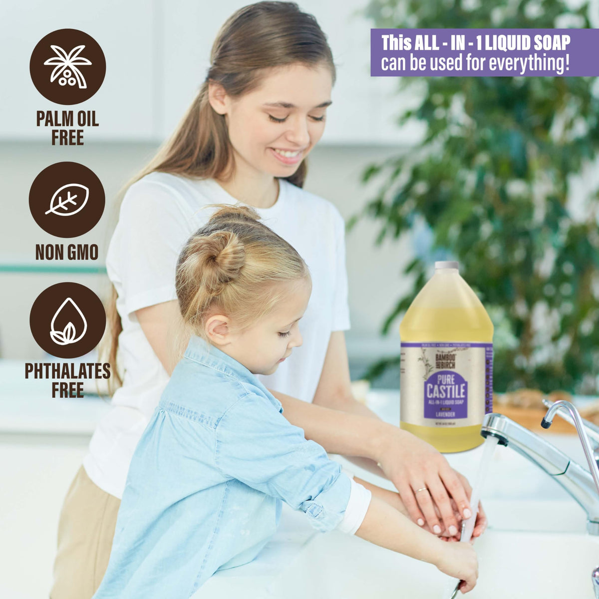 BAMBOO AND BIRCH Pure Castile Soap Liquid, Lavender, 64 oz