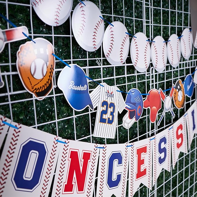 Pre-Strung Baseball Party Decorations with Concessions Banner, Sports Themed Birthday Supplies, Triangle Bunting Pennant Flag