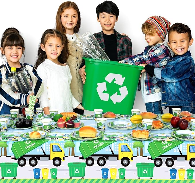 Trash Truck Birthday Party Decoration - Garbage Truck Birthday Party Tableware Supplies Includes Plates, Cups, Napkins, Tablecloth, Straws (40)