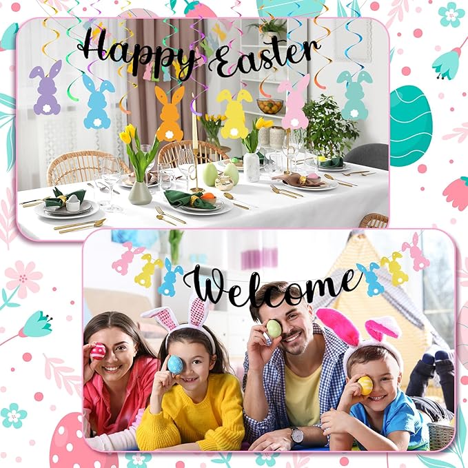 Easter Hanging Swirl Decoration 26 Pcs Easter Decoration Happy Bunny Hanging Swirl Foil Banner Garland Bunny Party Decorations Glitter Colorful Cute Party Ornaments for Ceiling Home Office Wall