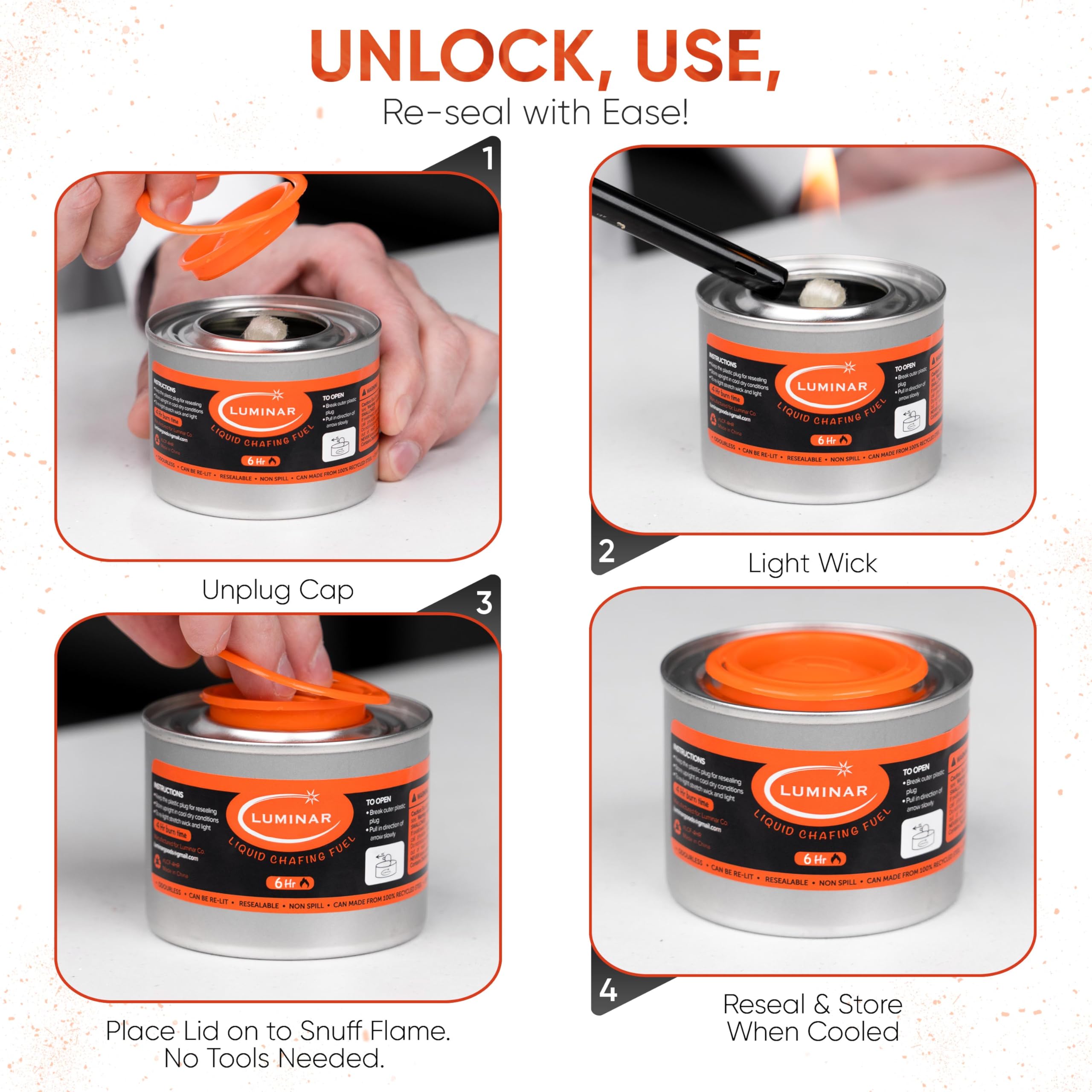 Luminar Resealable-Wick Chafing Fuel Cans, 6 Pack, 6 Hour - Premium Quality Burners for Food Warmers - No More Spills, Waste, or Hassle - Perfect for Convenient, and Long-Lasting Event Catering