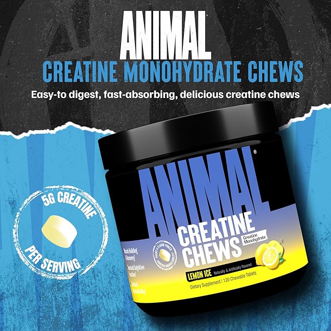 Animal Creatine Chews Tablets - Enhanced Creatine Monohydrate with AstraGin to Improve Absorption, Sea Salt for Added Pumps, Delicious and Convenient Chewable Tablets - Lemon Ice