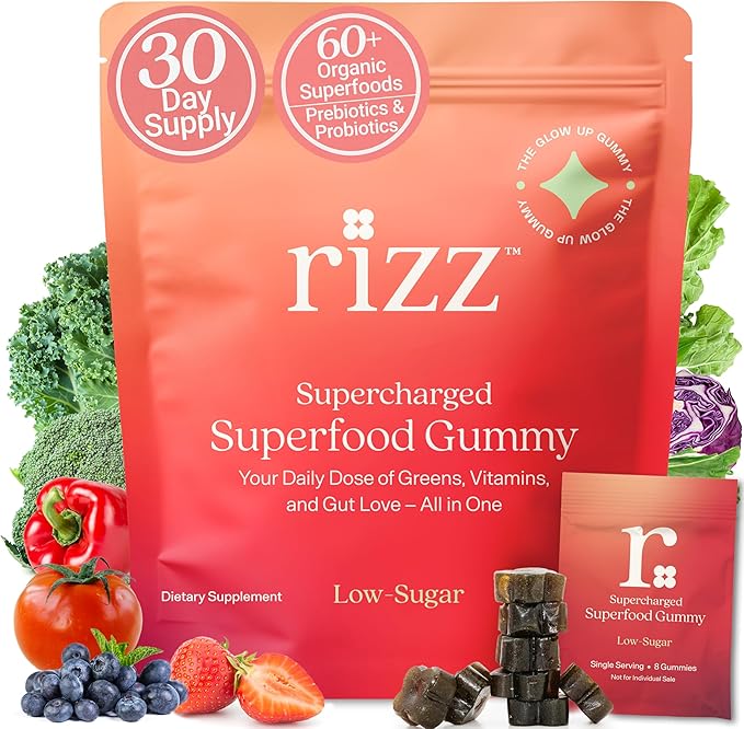 Rizz Low Sugar Green Gummies - 60+ Superfoods 6g Fiber - Prebiotic and Probiotic Gummies - Vegan Multivitamins for Women & Men - Gluten Free - Mushroom, Fruit and Vegetable Supplements - 30 Day Supply