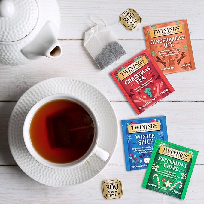 Twinings Christmas Holiday Variety Tea Bag Pack (40 Count) 4 Flavors Include Christmas Tea, Winter Spice, Gingerbread Joy, Peppermint Cheer, Seasonal Gift for Her, Him, Family, Friends