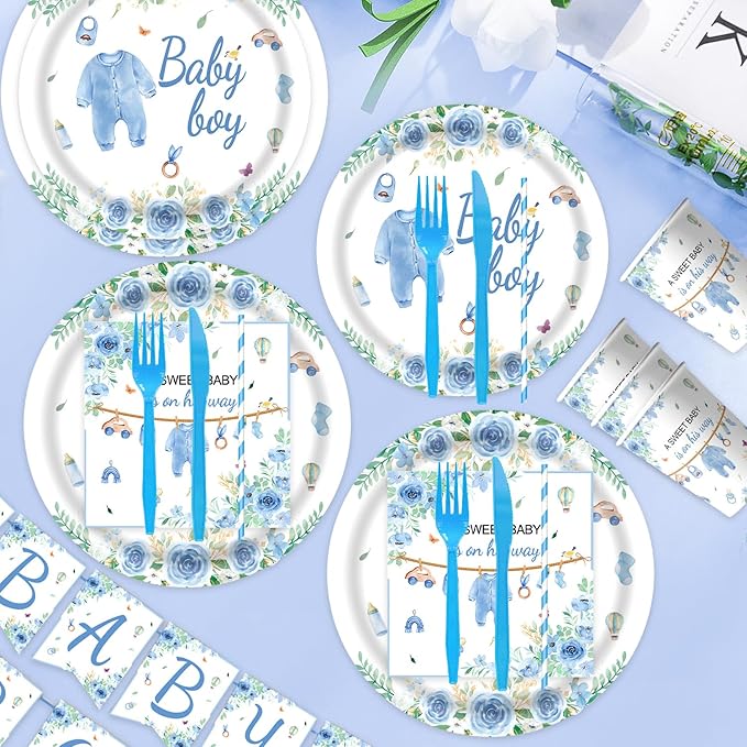Blue Baby Boy Shower Party Supplies Tableware Sets,Includes Disposable Plates, Napkins, Cups,Straws,Cutlery, Balloons, Banner, and Tablecloth for Party Baby Shower Birthday Decorations,Serves 20