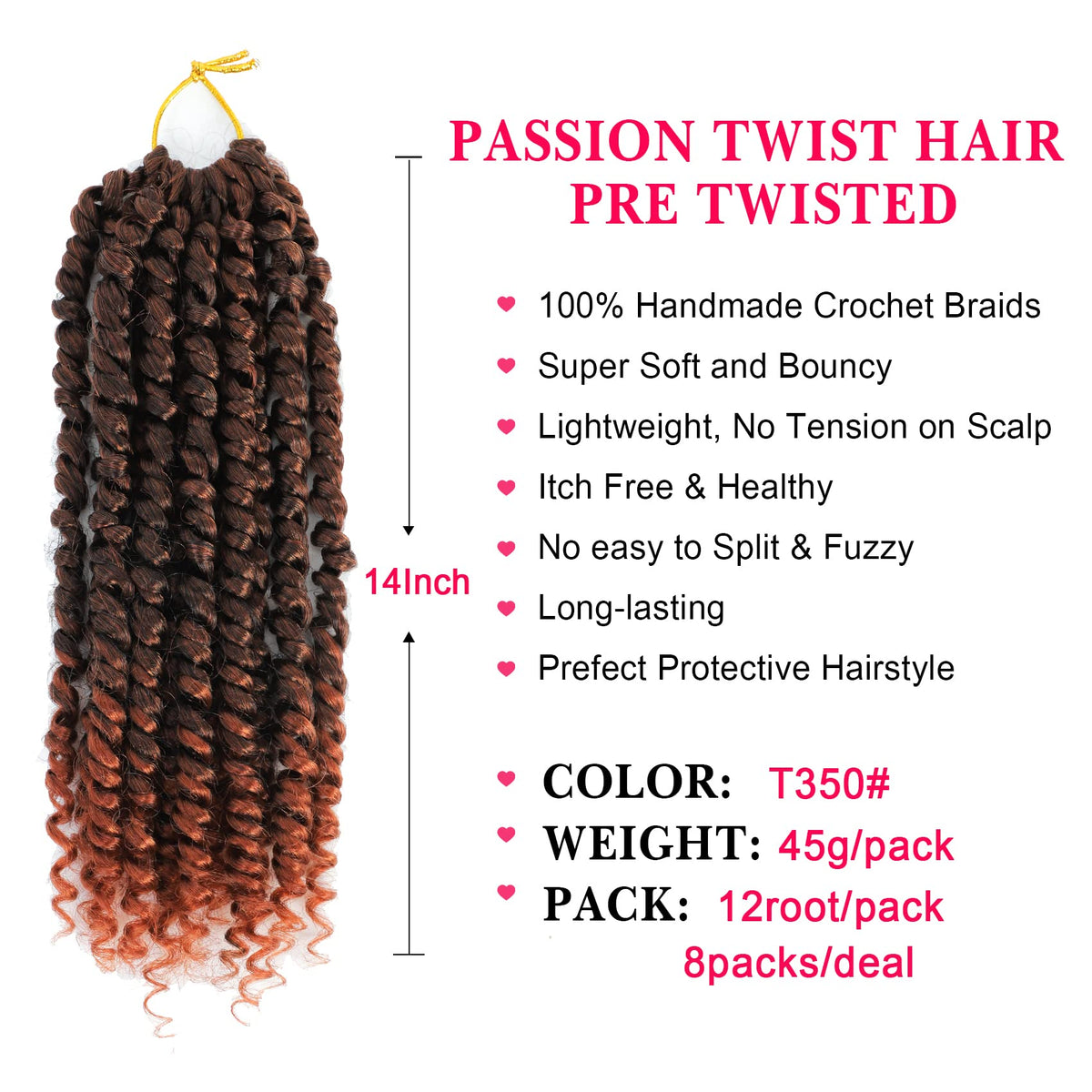 Passion Twist Hair 14 Inch 8 Packs, Pre Twisted Passion Twist Crochet Hair For Black Women, Pre Looped Passion Twist Curly Crochet Hair, Short Crochet Passion Twist Hair (14 Inch (Pack of 8), T350#)