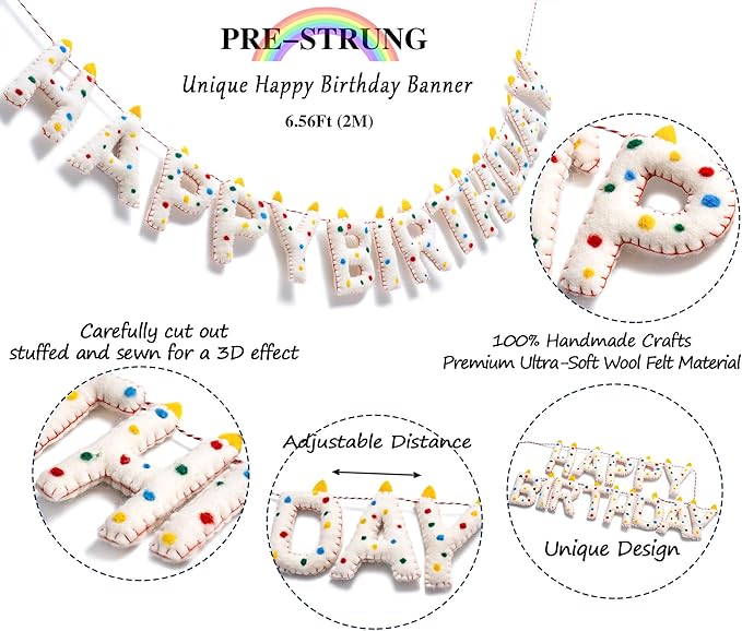 Pre-Strung Happy Birthday Banner Handmade Wool Felt HAPPY BIRTHDAY Garland, Reusable Rainbow Party Decorations,Personalized Holiday Sign for Kids Birthday Party Decor,Photo Prop (Confetti Dots Banner)