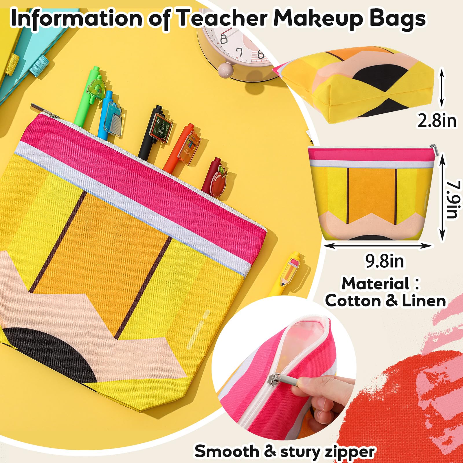 Sunnymove 36 Pcs Christmas Teacher Appreciation Gifts Bulk - Makeup Bags with Pen Keychain Pencil Theme Teacher Thank You Gifts for Women Cosmetic Bag Pouch for Mentor Lecturer