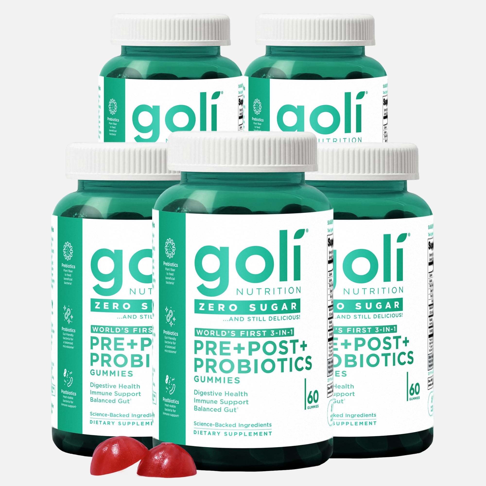 Goli Zero Sugar Pre Pro Postbiotic Gummies - (5 Pack, 300 Total) Worlds First 3-in-1 with DE111, XOS, MCC1849 - No Sugar Alcohols - Vegan, Keto-Friendly, Non-GMO