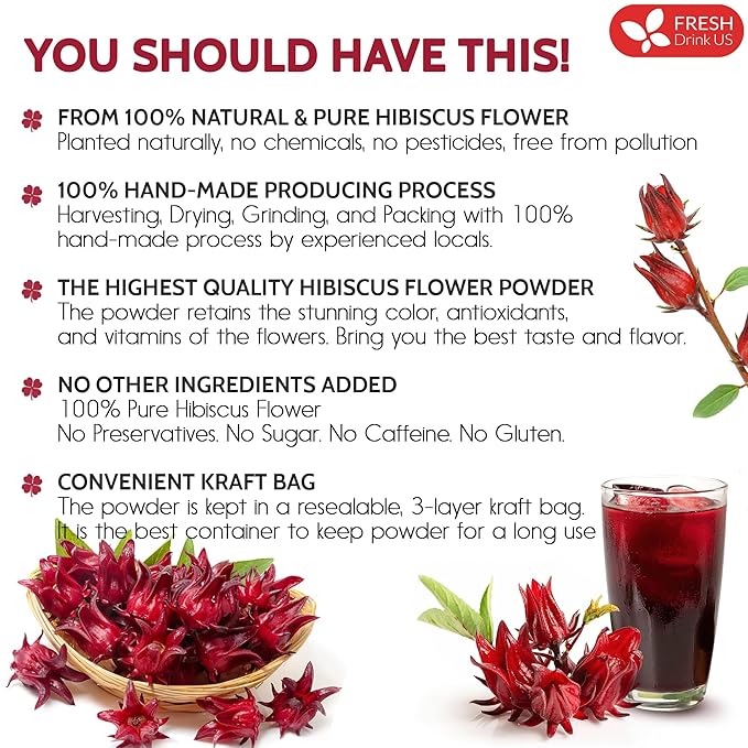FreshDrinkUS, Premium 28oz Hibiscus Flower Powder, 100% Natural and Pure from Hibiscus Flowers, Natural Food Coloring, Hibiscus Flowers Tea, No Additives, No Gluten, No Sugar, Vegan