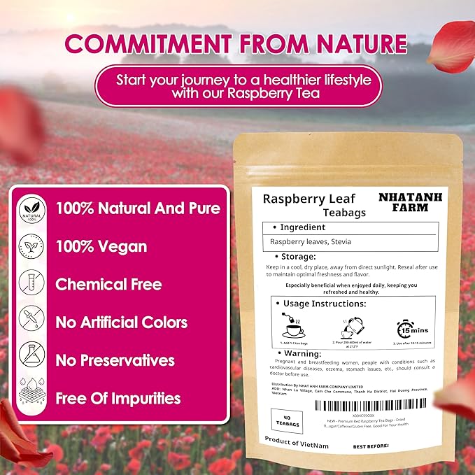 Nhat Anh Farm - Premium Red Raspberry Tea Bags - 40 Dried Red Raspberry Leaf Tea Bags, 100% Natural & Pure Raspberry Leaf, Sugar/Caffeine/Gluten Free. Good For Female Health.