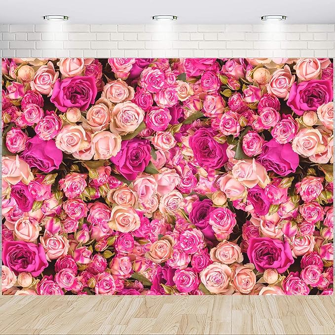 5x3FT Pink Rose Flower Wall Backdrop Spring Tea Party Photography Background Girls Princess Birthday Wedding Mothers Day Baby Shower Dessert Cake Table Decoration Banner
