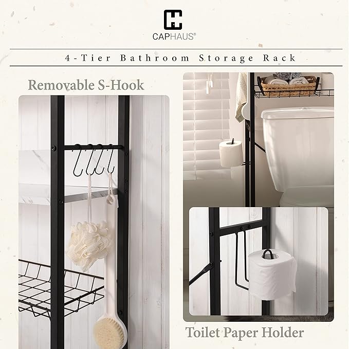 CAPHAUS Over The Toilet Storage, 4-Tier Bathroom Organizer, Freestanding Toilet Shelf, Multifunctional Space Saver Toilet Rack with 4 Hooks, Laundry Organizer, Plant Stand for Balcony (Marble White)