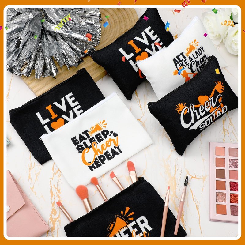 Pinkunn 20 Pcs Cheer Makeup Bags Bulk Cheer Team Gifts for Women Canvas Makeup Case Cheerleader Teams Gifts Zipper Cosmetic Pouch for Cheerleading Party Favors Supplies(Orange)