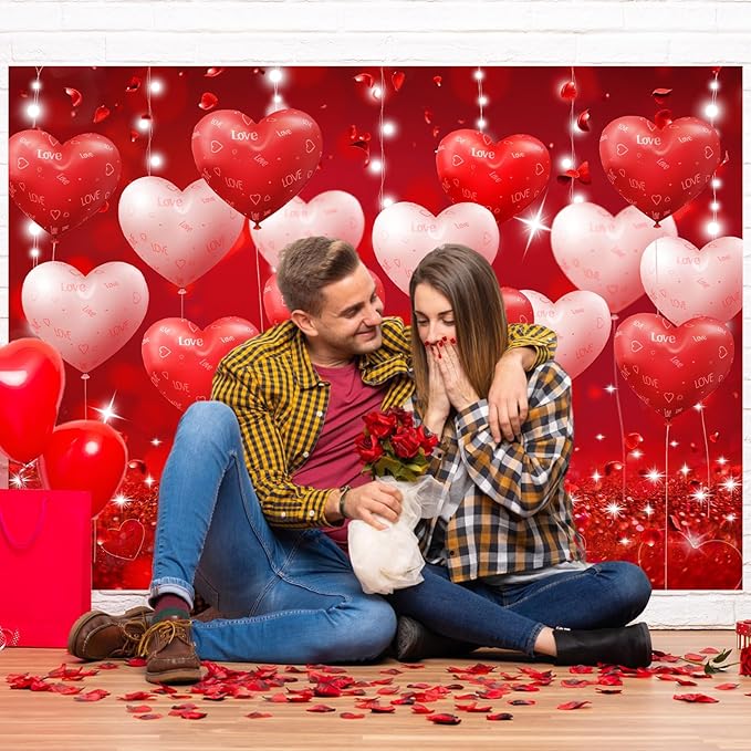 Red Hearts Balloons Anniversary Backdrop Banner 7x5ft Romantic Love Theme Photo Background For Anniversary Engagement Wedding Bridal Shower Couples Date Night Party Decorations Photo Booth (82x59inch)
