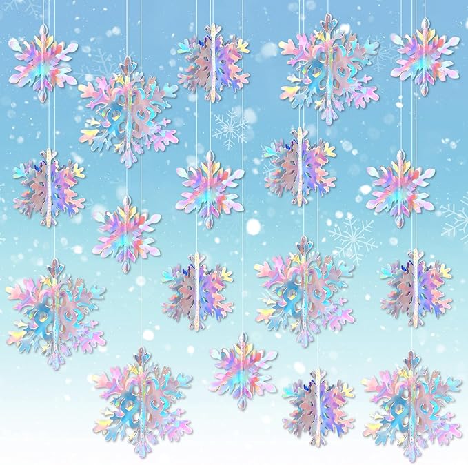 JULMELON 18PCS Christmas Hanging Snowflakes Decorations, 3D Holographic Paper Snowflakes Iridescent Snow Flakes Frozen Winter Wonderland Decorations for Christmas New Year's Birthdays Winter Parties