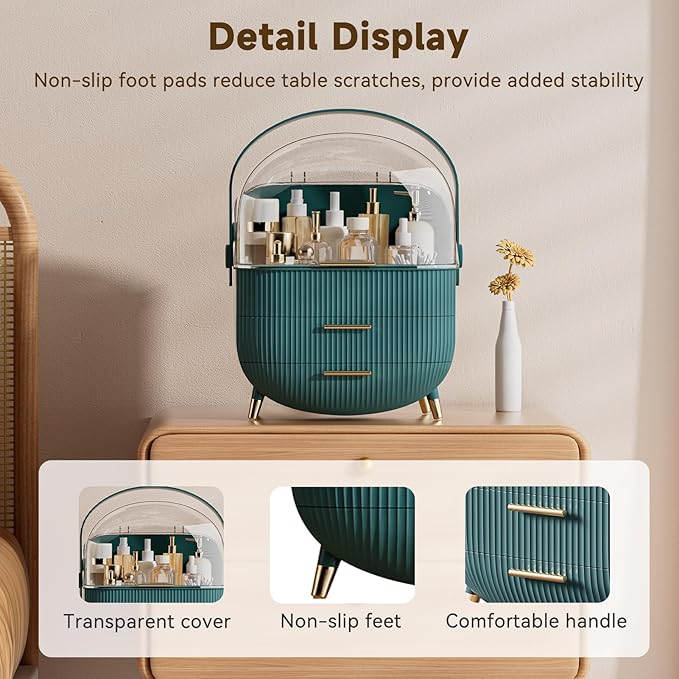 Makeup Organizers, Make Up Organizer for Vanity, Countertop Cosmetic Storage with Drawers and Transparent Cover for Bedroom Bathroom, Green