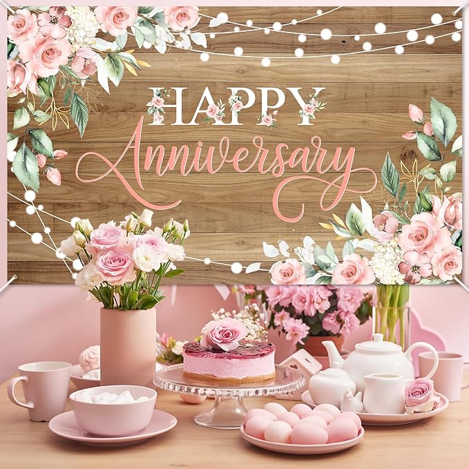 Avezano Happy Anniversary Backdrop Rustic Pink Floral Happy Anniversary Banner Wooden Cheers to Marriage Wedding Commemoration Day Party Decorations Banner 70.8 x 43.3 Inch