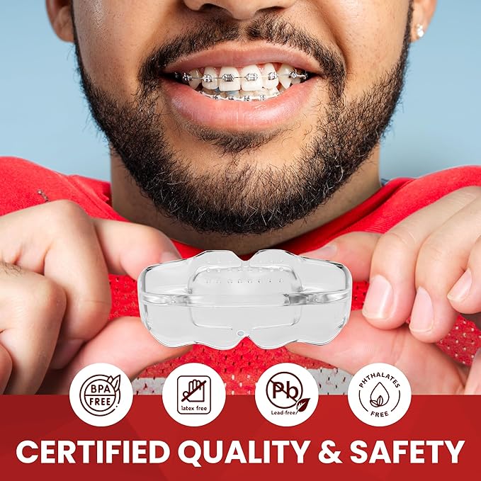 SafeGrin Transparent Braces Mouth Guard for Braces for Sports - Premium Silicone Teens & Youth Upper & Lower Teeth Protection for Sports - Football, Lacrosse, Hockey, Baseball