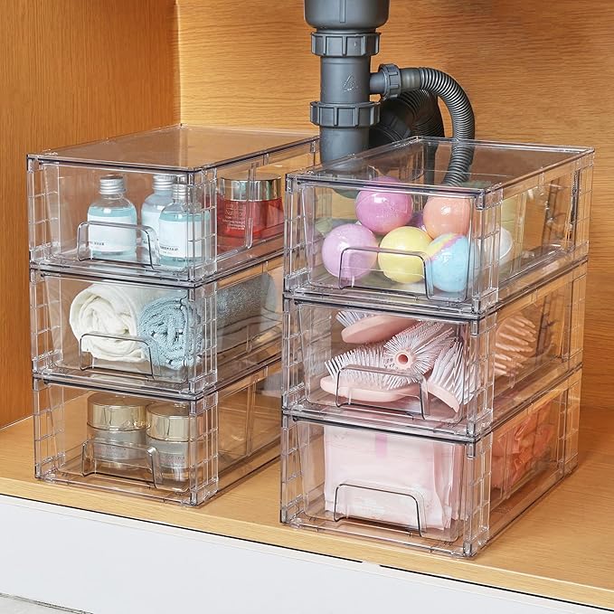 Vtopmart 8 Pack Stackable Storage Drawers,Clear Acrylic Drawer Organizers with Handles, Easily Assemble Containers for Fridge, Bathroom,Kitchen Undersink,Cabinet,Pantry Organization and Storage