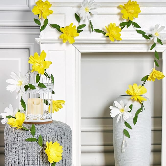 2PCS Yellow Flower Garland, Paper Flower Leaves Banner, Spring Paper Flower Garland for Birthday Baby Shower Wedding Garden Decor