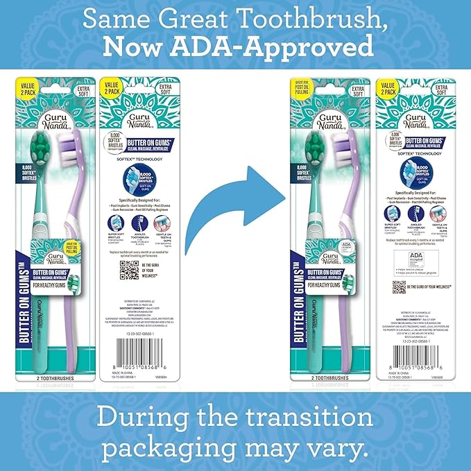 GuruNanda Butter On Gums Toothbrush, ADA Accepted, with 8000+ Ultra Soft Softex Bristles for Sensitive & Receding Gums, Perfect for Whiter Teeth, 2 Ct