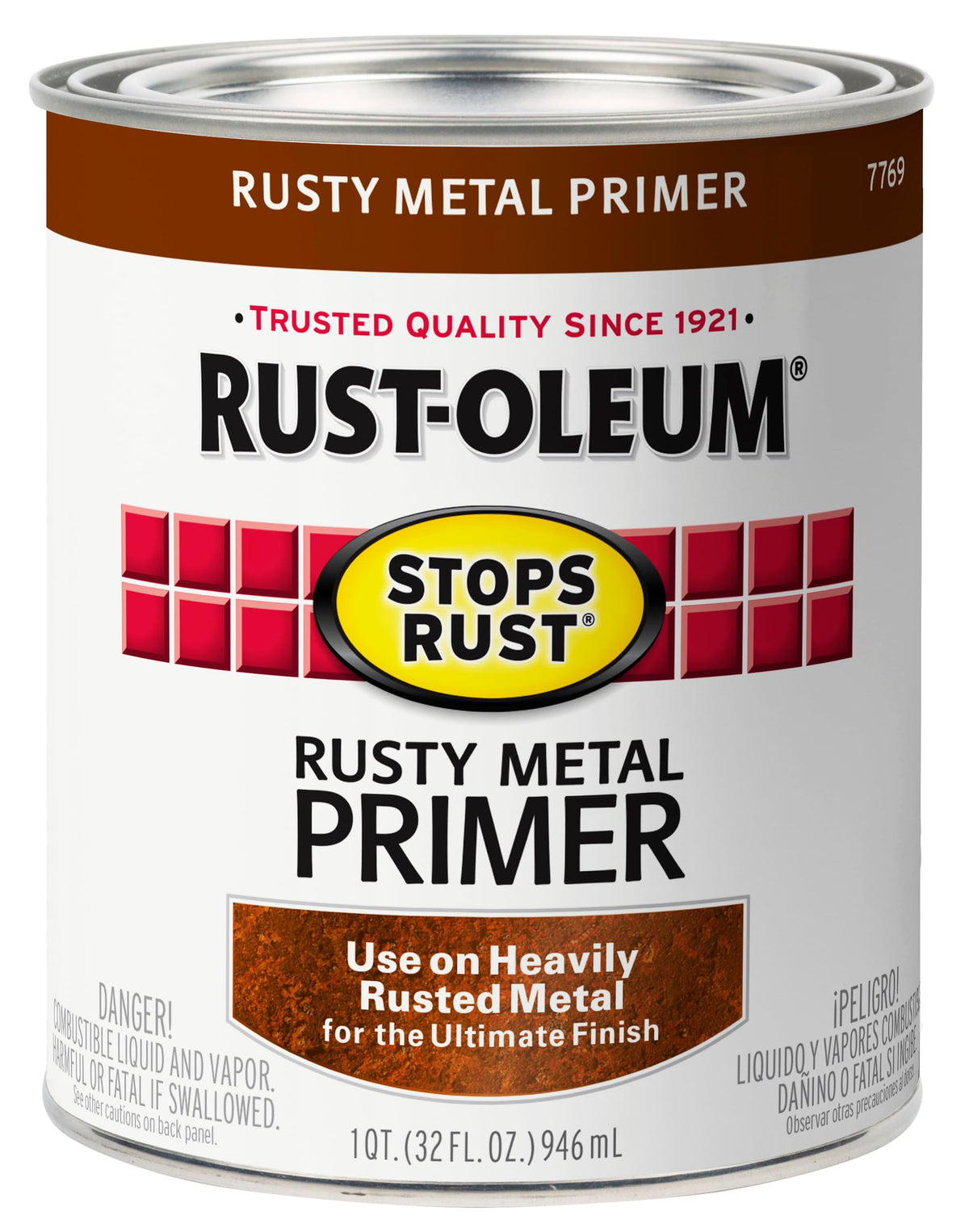 Rust-Oleum 7769502 Stops Rust Rusty Metal Primer Brush Paint, 1 Quart, Flat Brown