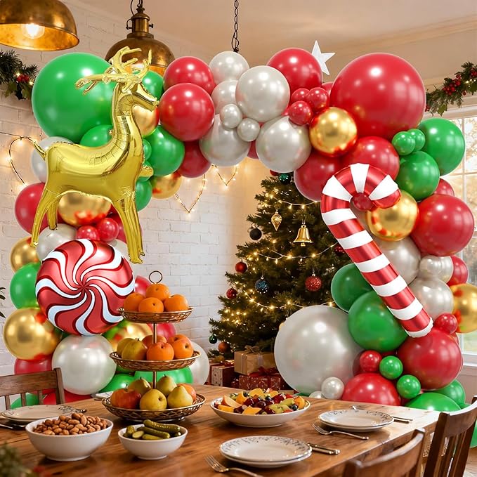 Christmas Balloon Arch Kit, Christma Green Red Sand White Gold Balloons, Candy Crutch Deer Foil Ballons for MerryChristmas Party Decorations Xmas Party Supply Birthday,Baby Shower
