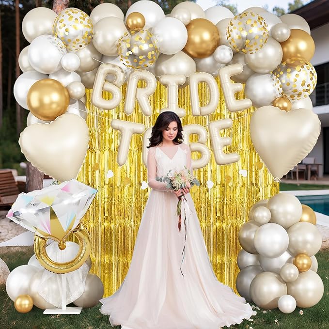 Cream Gold Bachelorette Party Decorations, Bride To Be Mylar Foil Letter Balloons with White Gold Balloons Diamond Ring and Cream Heart Balloon for Bridal Shower Decoration Engagement Hen Party Decor