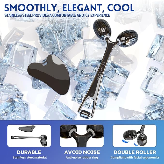 Yeamon Gua Sha Facial Tools and Face Roller Set, Facial Massage Tool for Women’s Skincare Routine,Cooling Stainless Steel Face Sculpting Eyes Roller Guasha for Daily Use or Self-Care Gift for Women