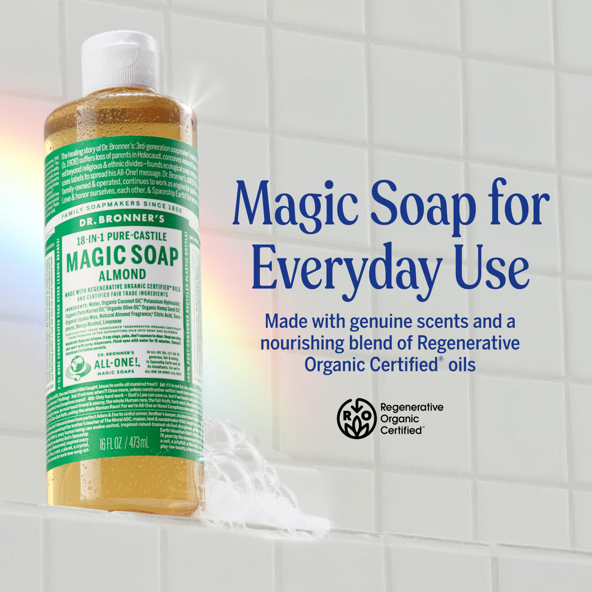 Dr. Bronner's Pure-Castile Magic Liquid Soap (Almond, 16 Ounce, 2-Pack)- Made with Regenerative Organic Certified Oils, 18-in1 Uses: Face, Hair, Hand & Body Soap, Laundry, Pets- Concentrated, Vegan