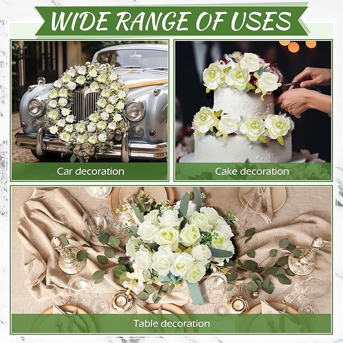 Zeyune 12 Bunches Wedding Bridesmaids Bouquets 144 Heads 7 Inch Artificial Rose Bouquets Silk Fake Flower Bulk with Stems for Valentine's Day Wedding Bridal Shower Home Party Decor(White Green)