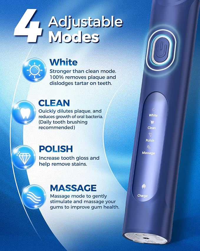 TEETHEORY Rotating Electric Toothbrush for Adults with 8 Brush Heads (2 Types), 4 Modes Deep Clean Electric Toothbrush with Rechargeable Power and 2 Min Smart Timer (4-Dark Blue, p1)