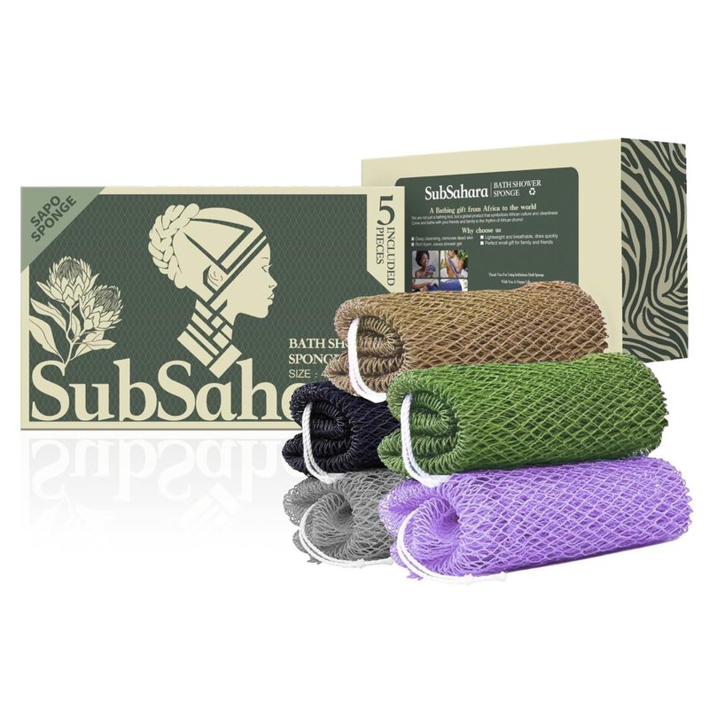 SubSahara Authentic African Net Sponge - 5 Pack Exfoliating Bath & Shower Loofah Sponge for Body & Face, Gentle Scrubber for All Skin Types, Travel, Durable
