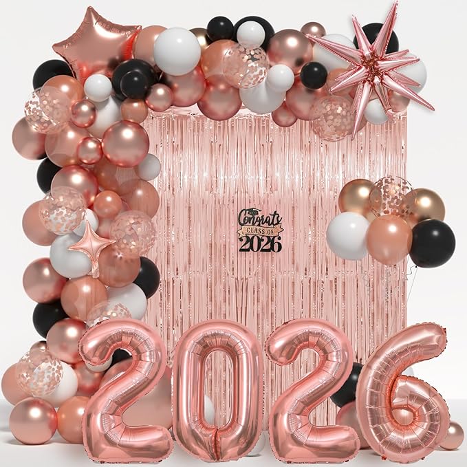 Graduation Balloon Garland Arch Kit for Graduation Decorations Class of 2026 - Rose Gold Black and White Balloons Different Sizes 5 12 18 Inch GraduationBalloons Arch for Grad Party Supplies