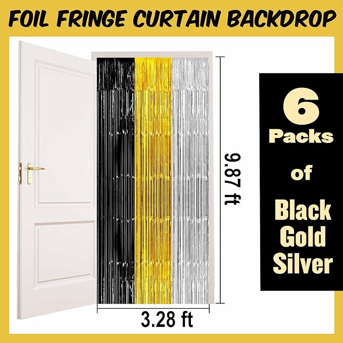 6 Pack Black Gold Silver Foil Fringe Curtains Backdrop, 3.28 x 9.8 Ft Metallic Streamers Tinsel Curtains Background for Photo Booth, Birthday, Halloween, Christmas, New Year Party Decorations