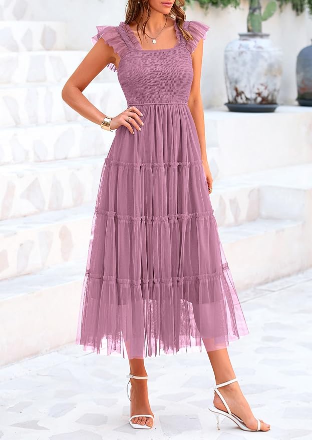 PRETTYGARDEN Women's Summer Tulle Midi Dress Sleeveless Smocked Ruffle Flowy Mesh Dresses Party Wedding Guest Sundress