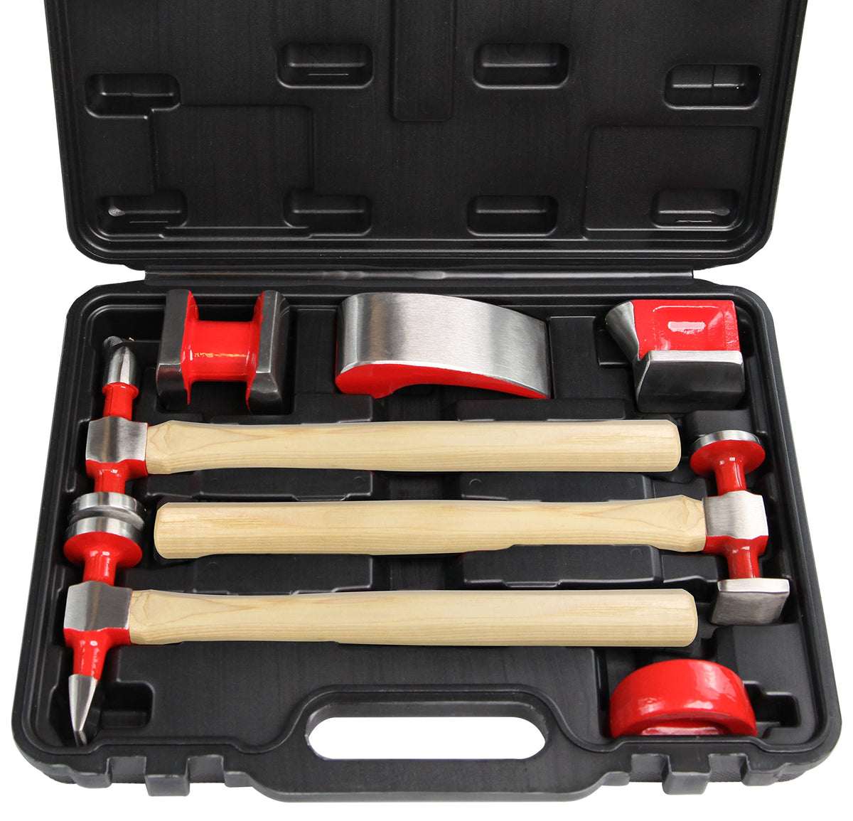 C&T 7 Piece Auto Body Repair Tool Hammer Dolly Set, Car Body Repair Tool Kit With Carrying Case, Hickory Handles