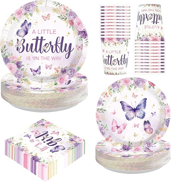 250 Pcs Butterfly Baby Shower Decorations A Little Butterfly is on The Way Tableware Set Include Purple Floral Plates Napkins Cups for Kids Girls Baby Shower Birthday Supplies Serves 50