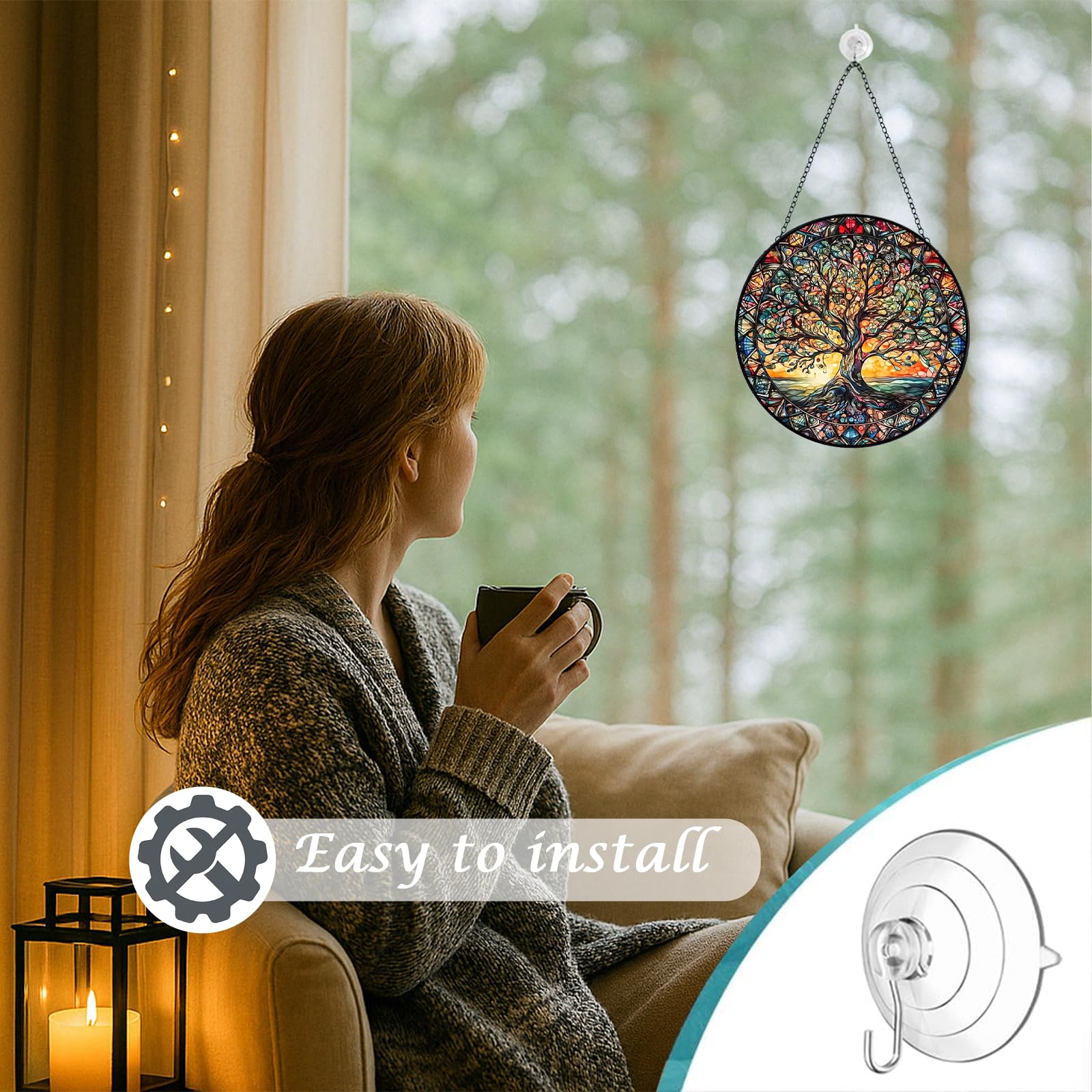 Tree of Life Suncatcher Indoor/Outdoor Stained Glass Window Hanging - Handmade Stained Glass Suncatchers for Windows Hanging - Decoration for Home Garden Christmas Party Wedding Housewarming Gifts