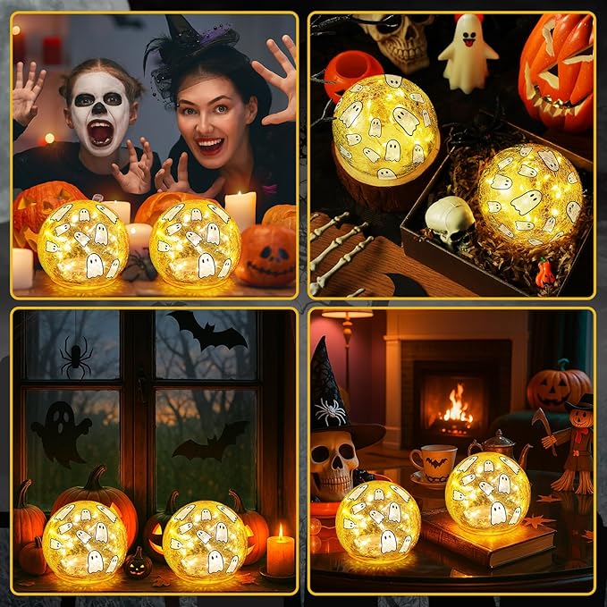 2 Pcs Halloween Decorations Indoor 4" Ghost Crackle Glass Globe Ball Lamp Night Lights with LED Timer Battery Operated Lighted Decorative Tabletop Decor for Table Home Centerpiece Party Gift