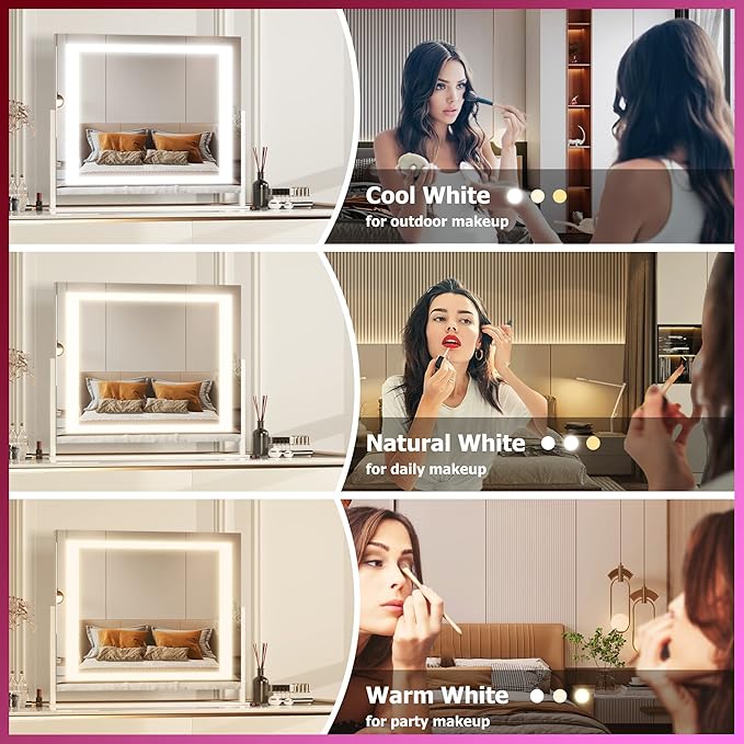 Hasipu Vanity Mirror with Lights, 24.2" x 19.7" LED Makeup Mirror, Light up Mirror with 10X Magnification and USB, Phone Holder, Smart Touch 3 Colors Dimmable, 360° Rotation (Right Angle White)