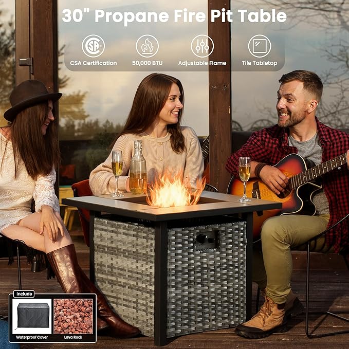 ovios 6 Pieces Patio Furniture Set with 30" Fire Pit Table, Outdoor Wicker Sofa with Comfy Cushions, All Weather High Back Rattan Couch Conversation Set, Black